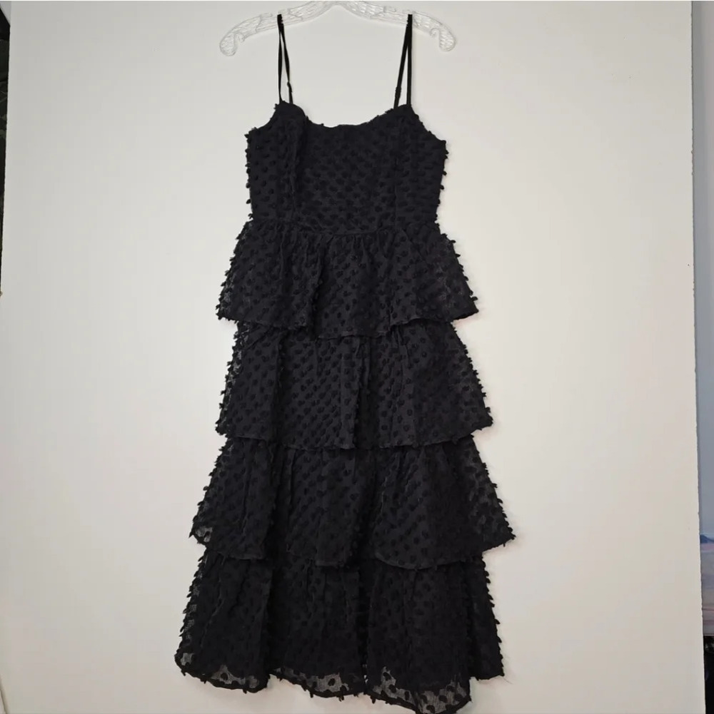 Lulu's Women's Flirting with You Black Tiered Pom Pom Midi Dress Size Small NWT - Picture 12 of 13